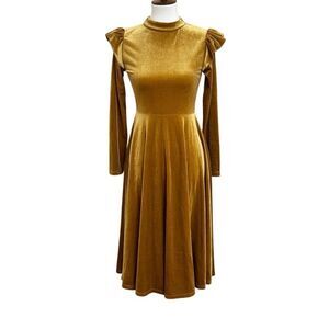 IVY CITY La La Lady Gold Velvet Holiday Midi Dress Long Sleeve Size Small